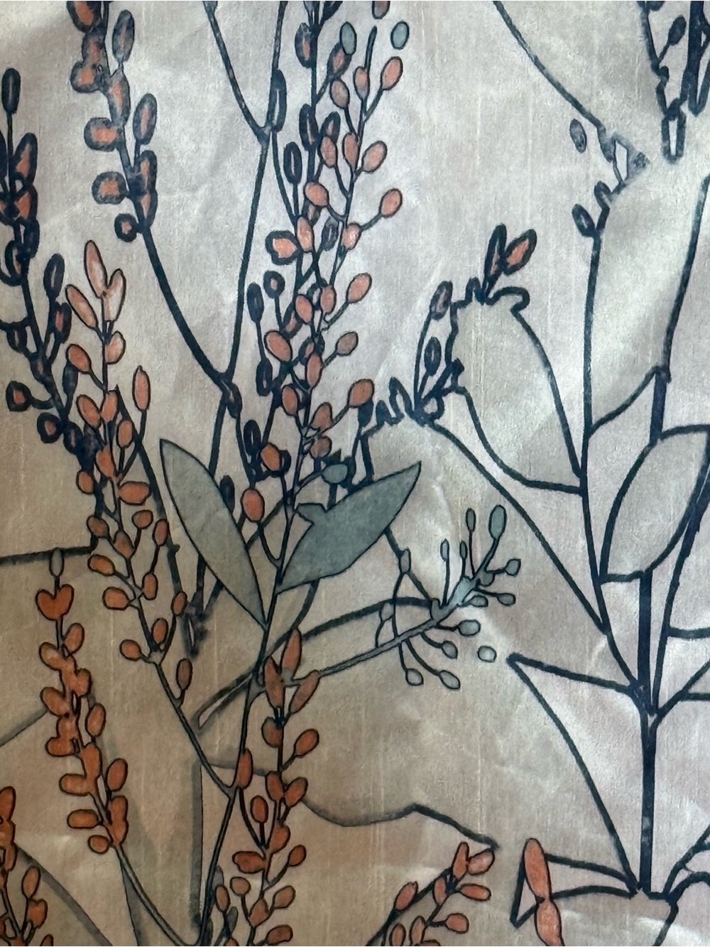 Macy's Cream Shower Curtain with Black Botanical Outline and Rust Accents